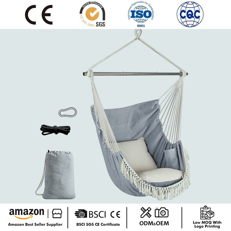 Nešiojama Macrame pakabinama kėdė su šonine kišene